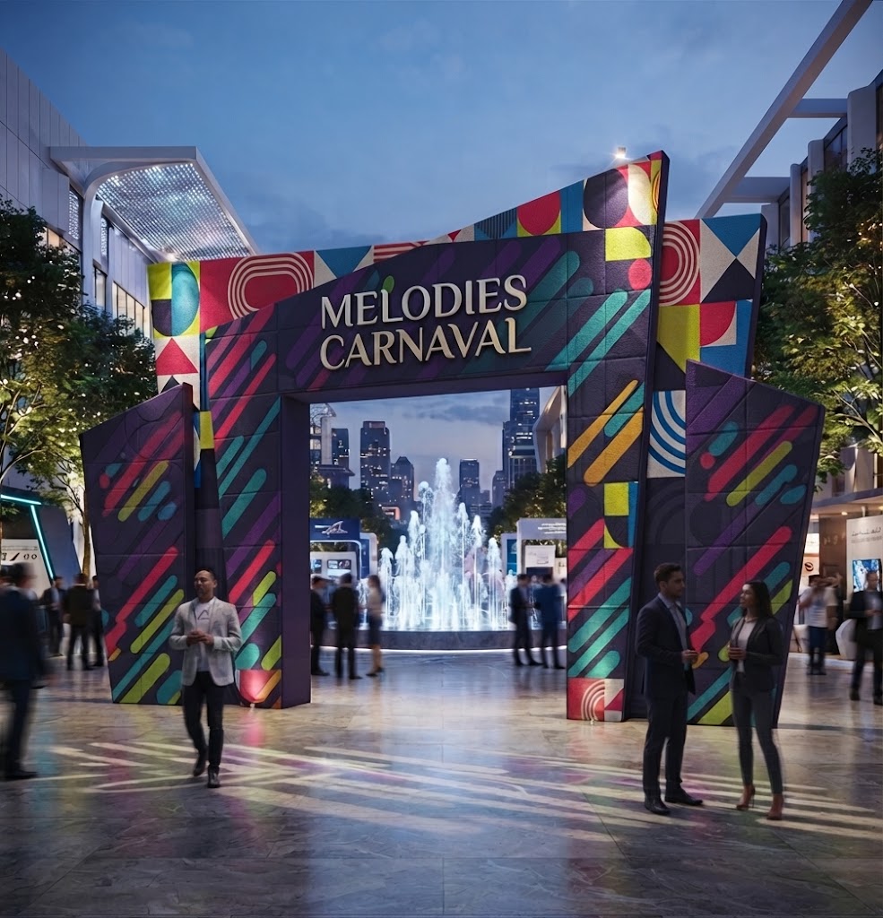 Branded welcome archway entrance structure at a corporate event