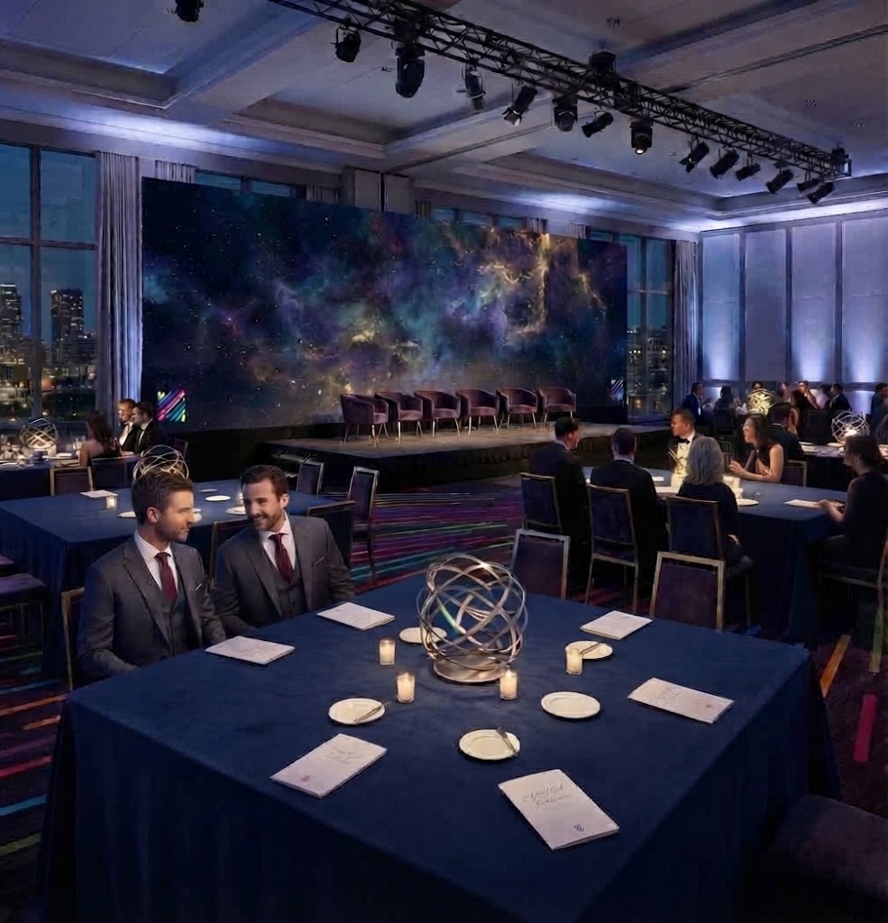 Elegant corporate gala with round table seating and large stage screen