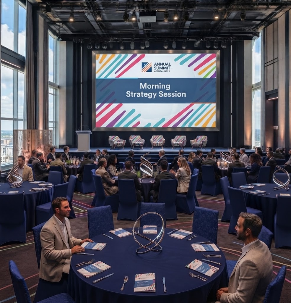 Branded conference welcome screen with round tables set up for guests