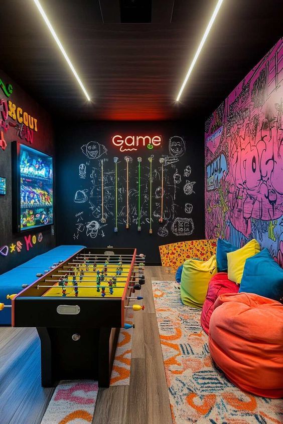 Colorful interactive game lounge with foosball table and neon signage