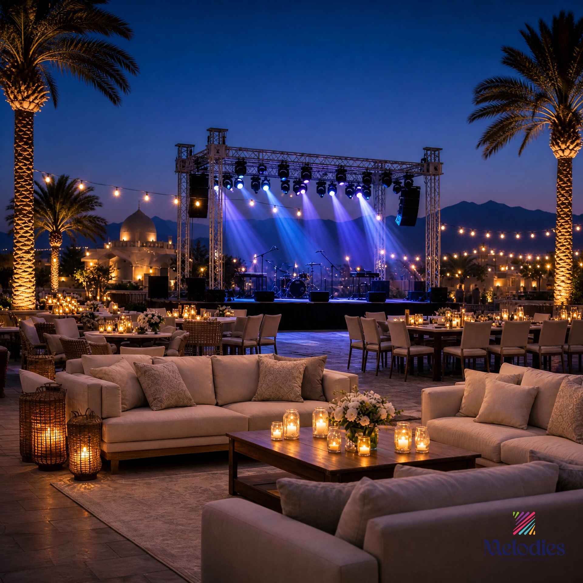 Outdoor evening event with lounge seating, candlelight, palm trees, and a live band stage