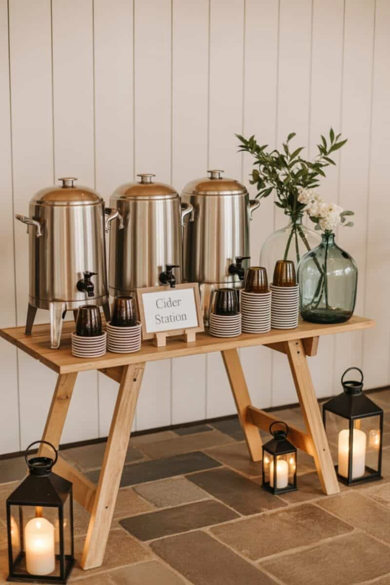 Cider beverage station with dispensers and rustic decor