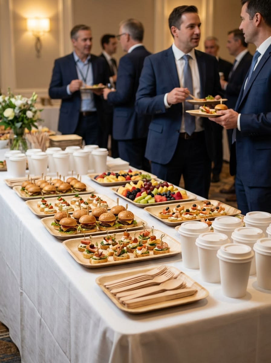 Corporate conference guests enjoying catered appetizers