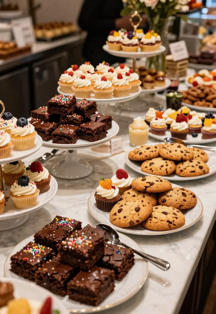 Dessert table display with cupcakes, cookies, and brownies