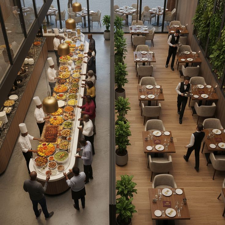 Live buffet counter with chefs serving in an upscale dining venue