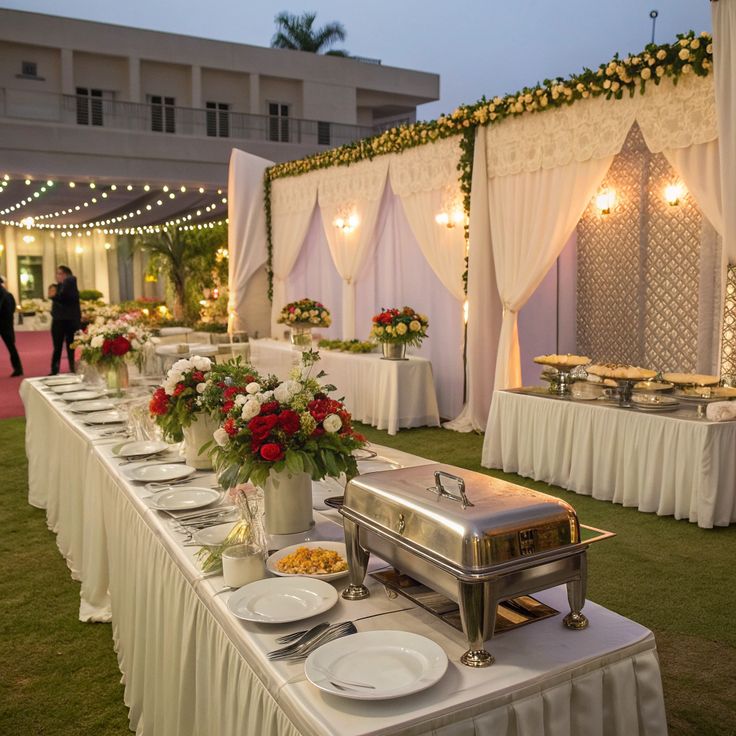 Outdoor wedding buffet table setup with floral centerpieces and draped backdrop