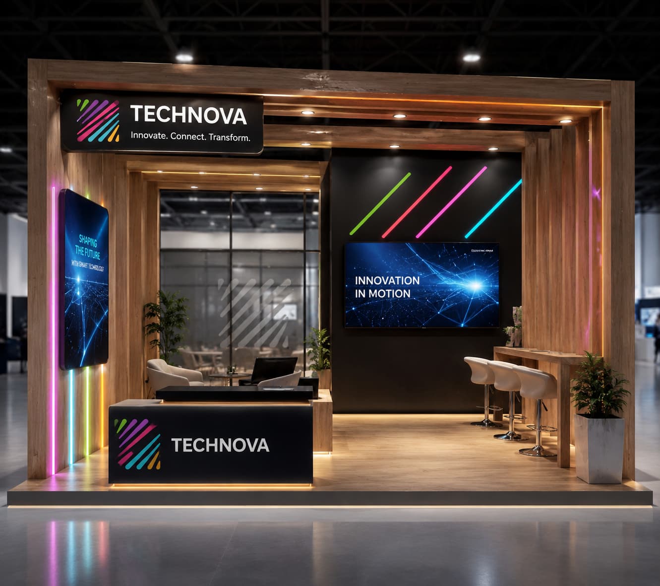 Branded trade show booth with neon accent lighting