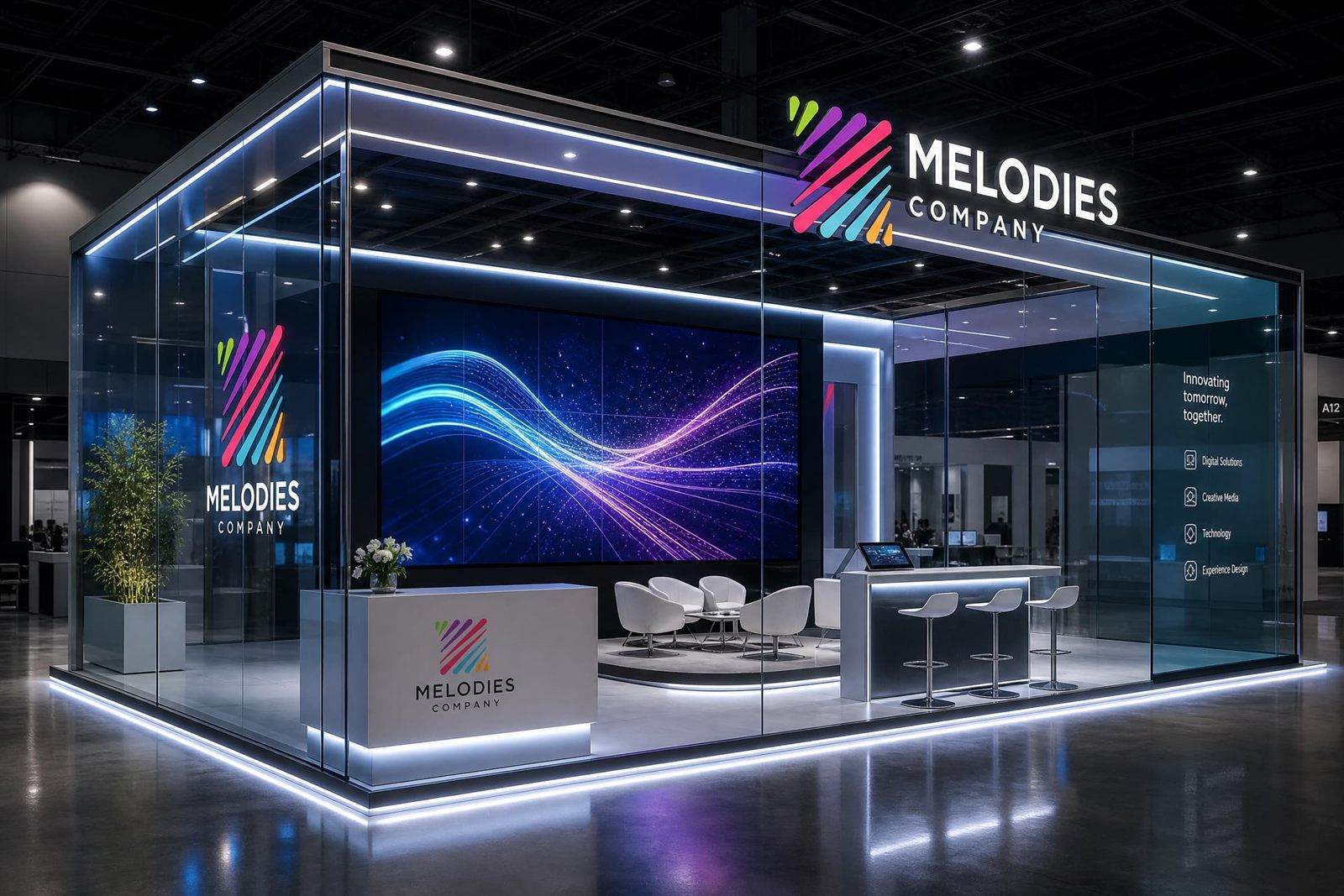 Glass-walled exhibition booth with large video wall display