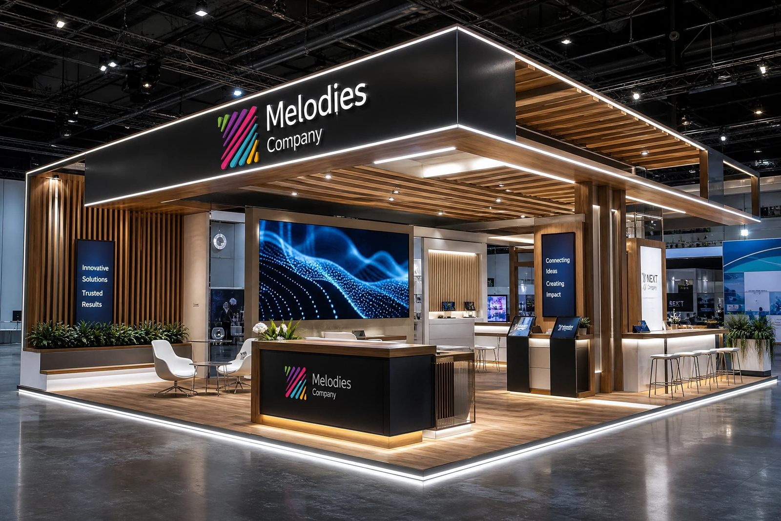 Large corporate exhibition booth with wood and black finishes