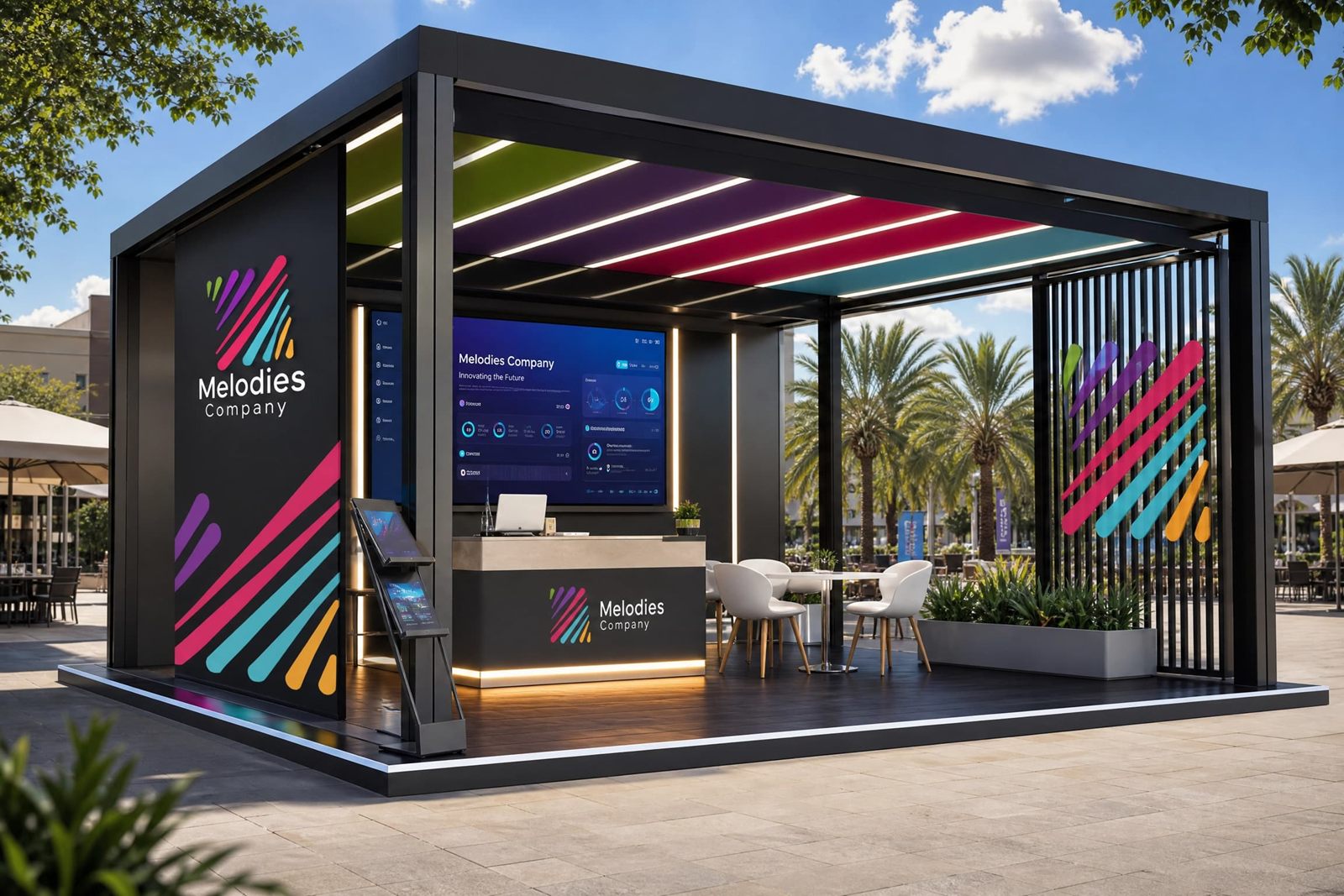 Modern black exhibition booth with colorful accent lighting