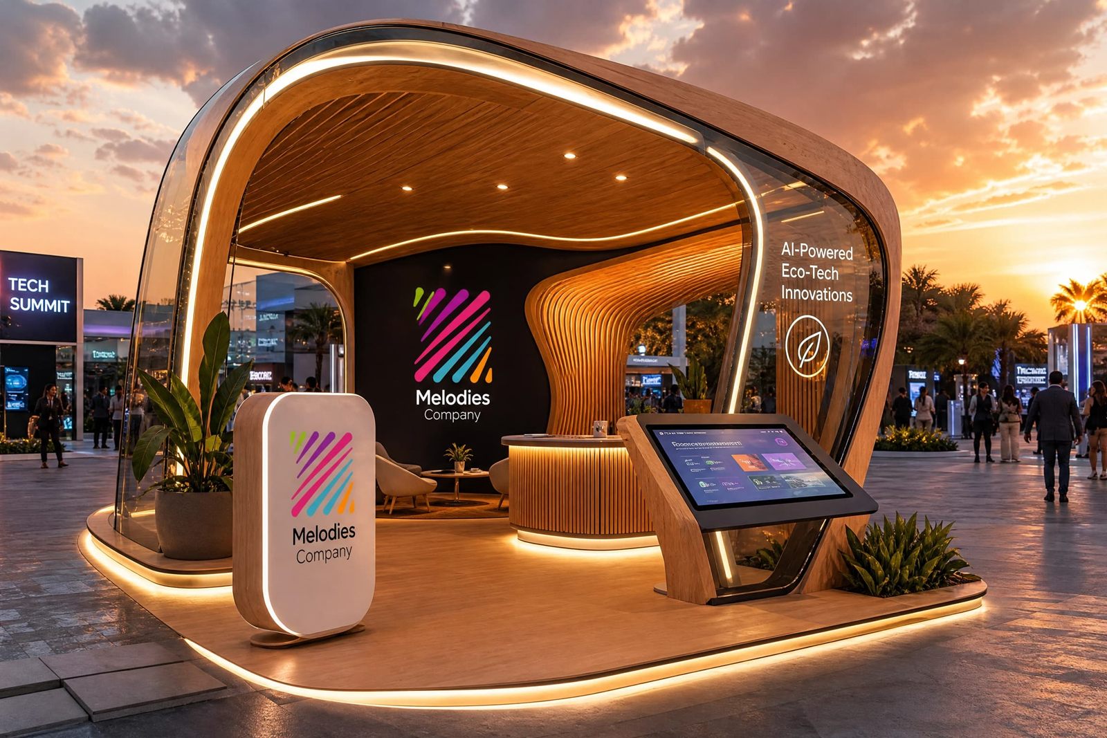 Modern curved wooden exhibition pod booth with branded signage