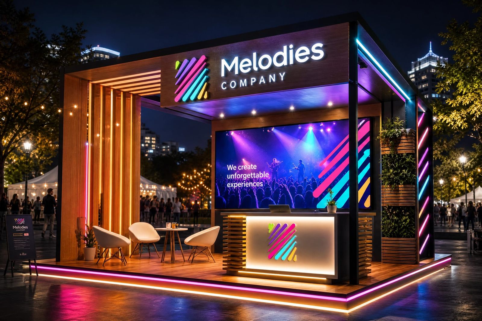 Outdoor exhibition booth at night with colorful neon branding
