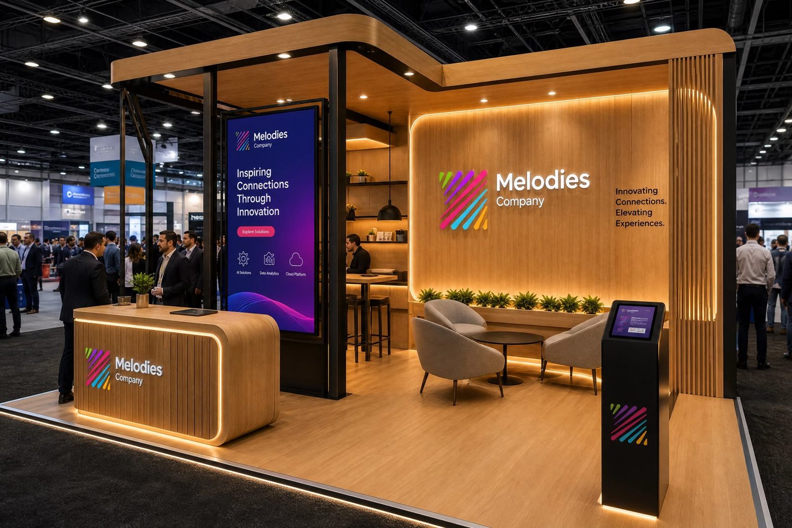 Wood-paneled exhibition booth interior with digital signage