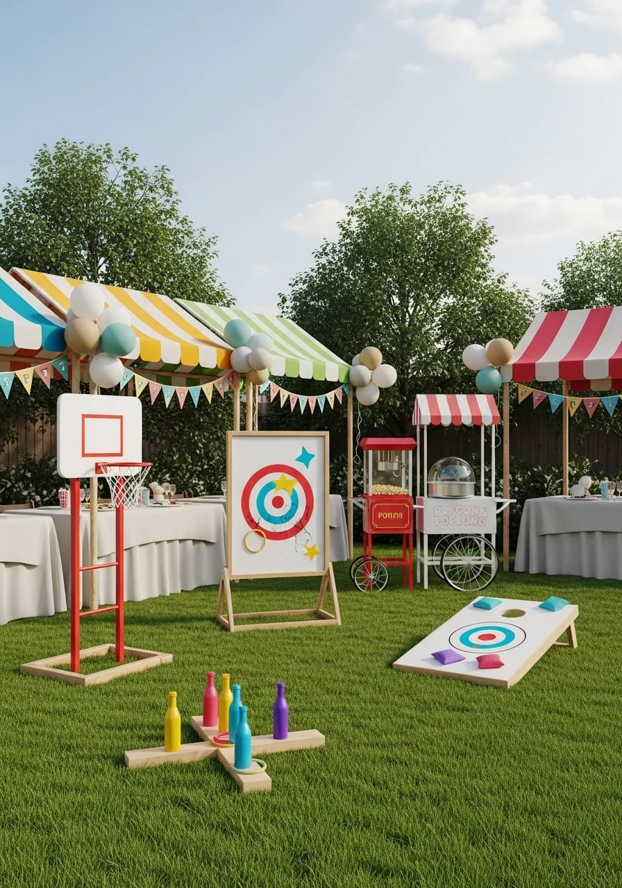 Backyard carnival games setup with striped tents and classic fair games