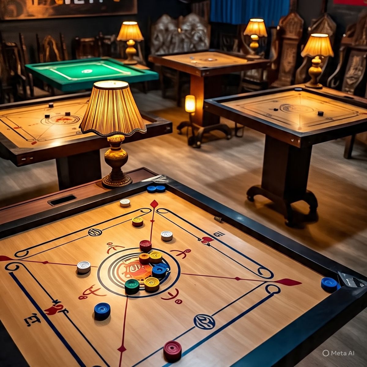 Carrom board game tables in a cozy lounge setting