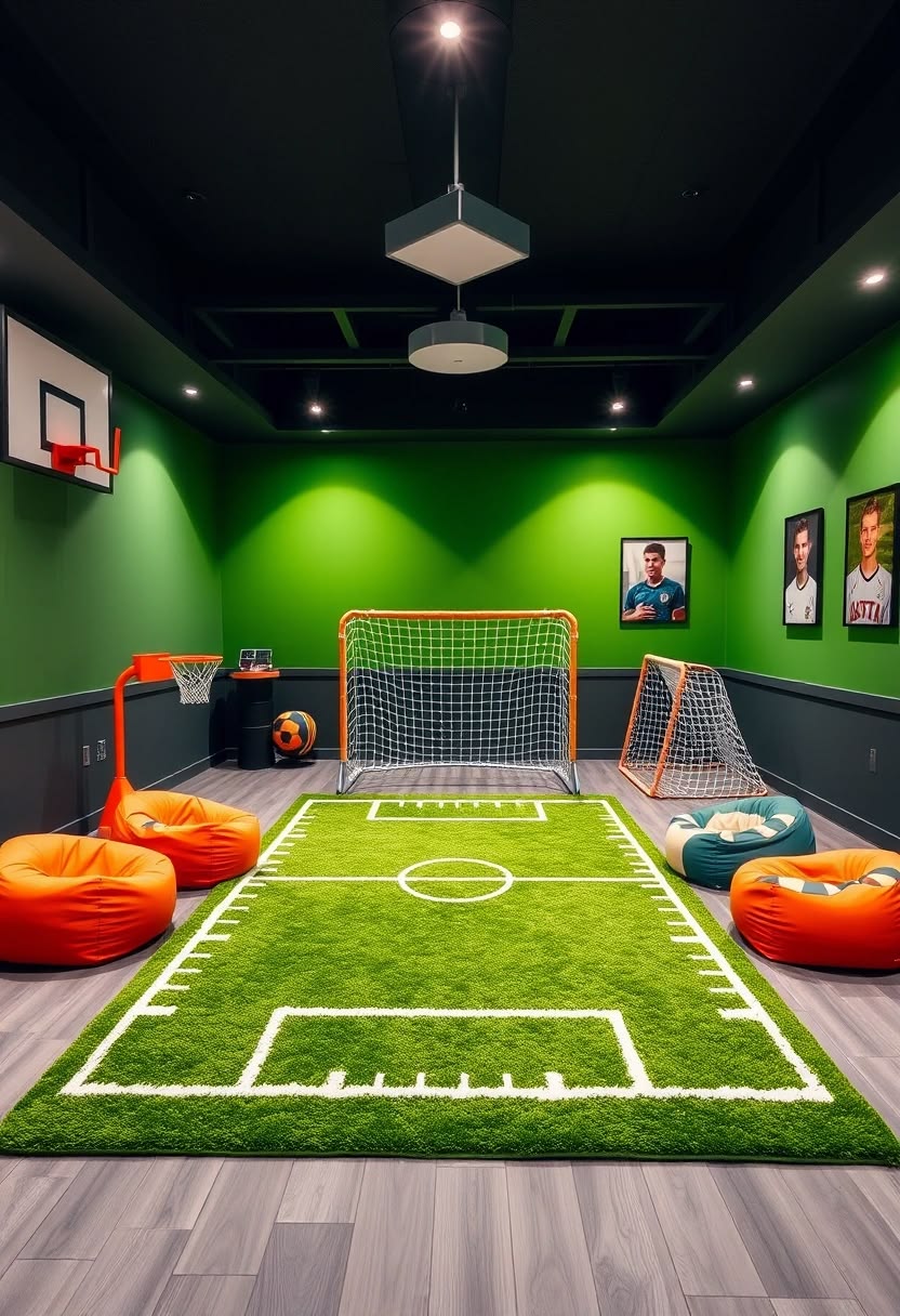 Themed indoor sports game room with mini soccer field and basketball hoop