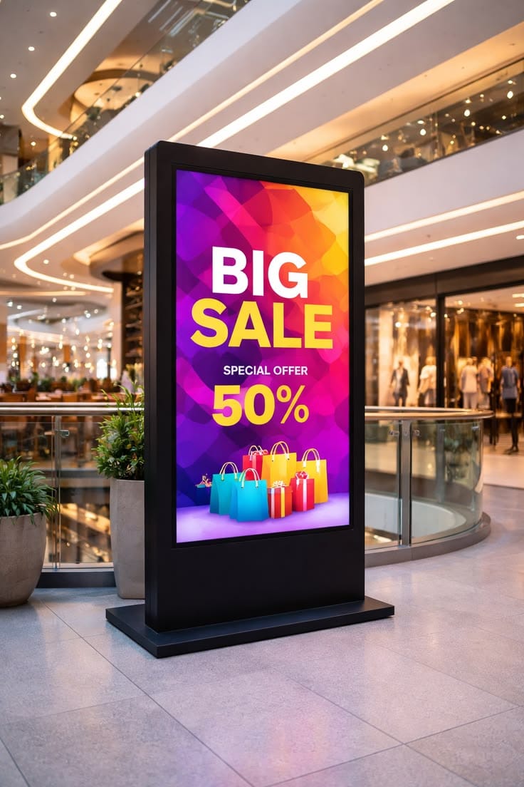 Digital signage kiosk displaying a big sale promotion in a shopping mall