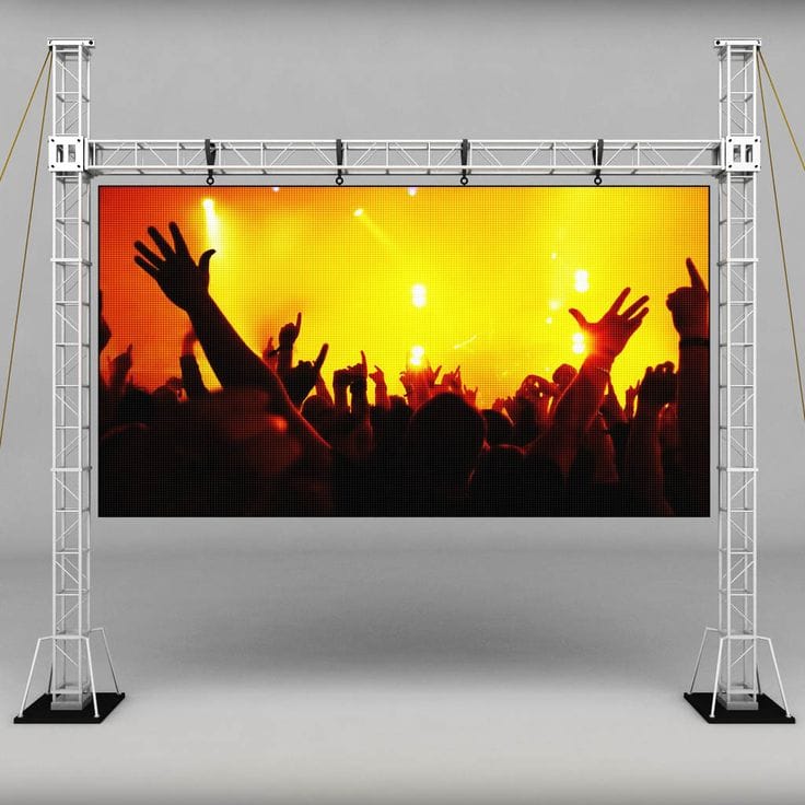 Outdoor LED screen mounted on a truss structure for live events