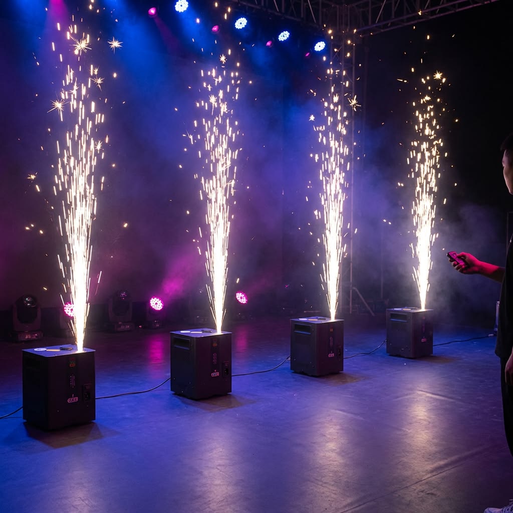 Cold spark fountain machines on stage for a launch ceremony