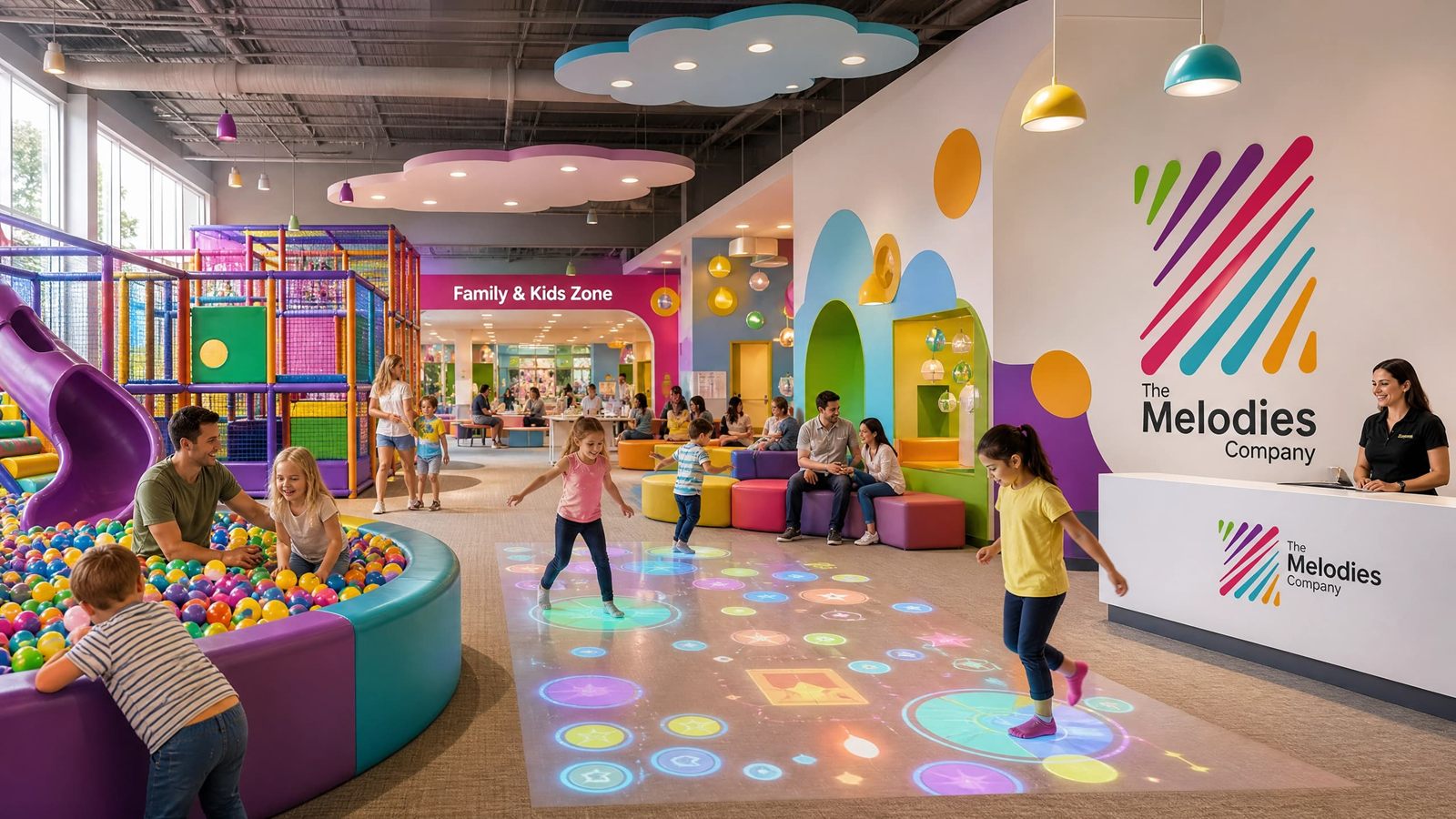 Melodies family and kids zone with interactive floor and ball pit