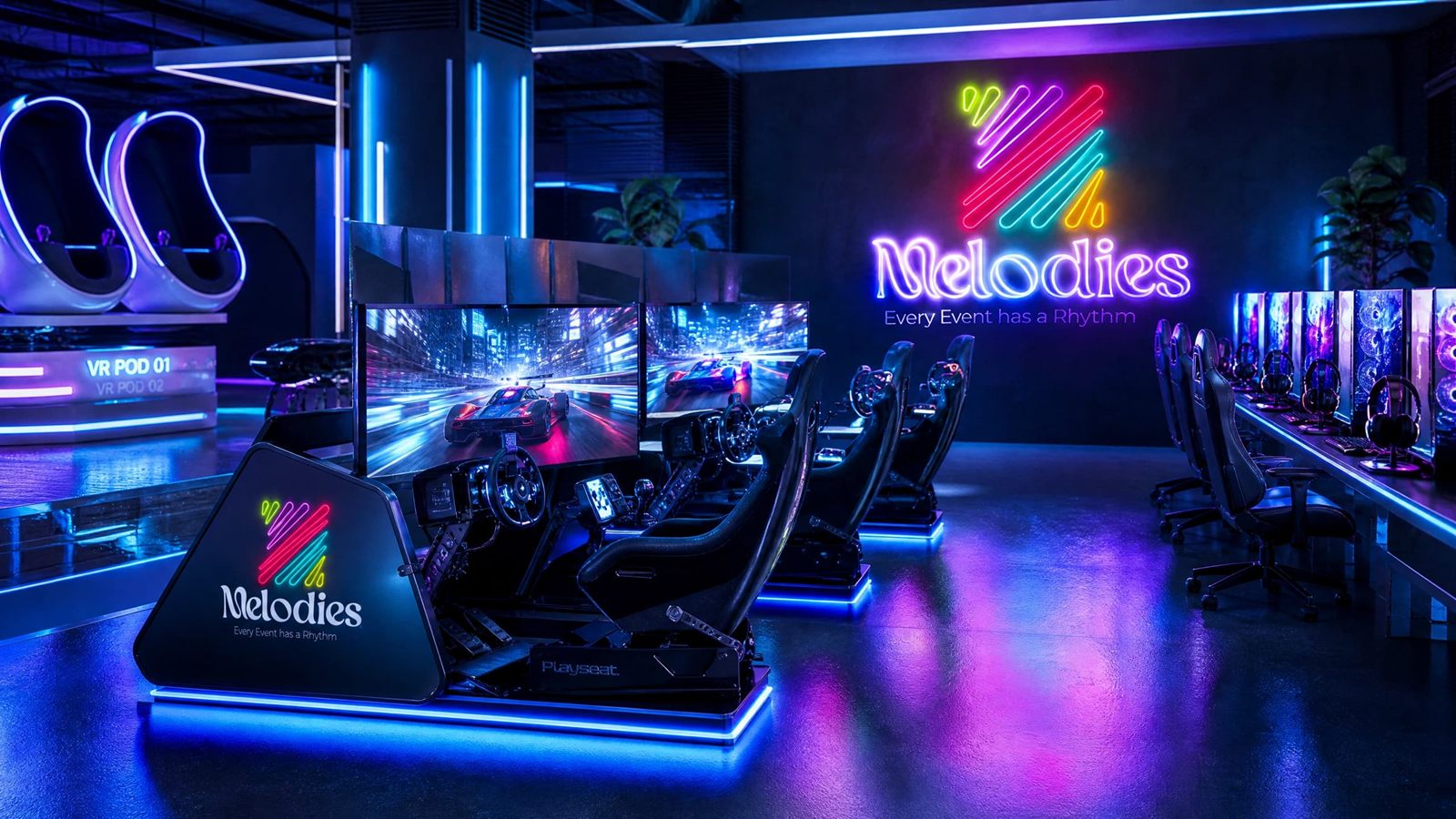 Melodies gaming and racing simulation lounge