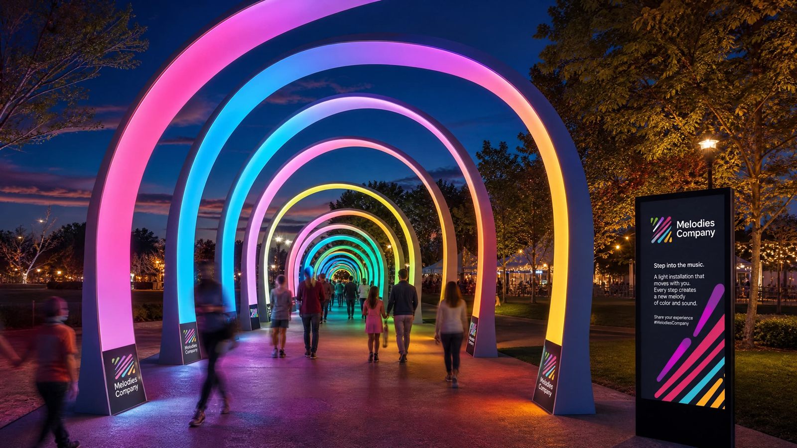 Melodies illuminated interactive arch installation at night