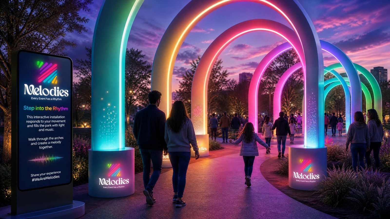 Melodies interactive light installation at dusk