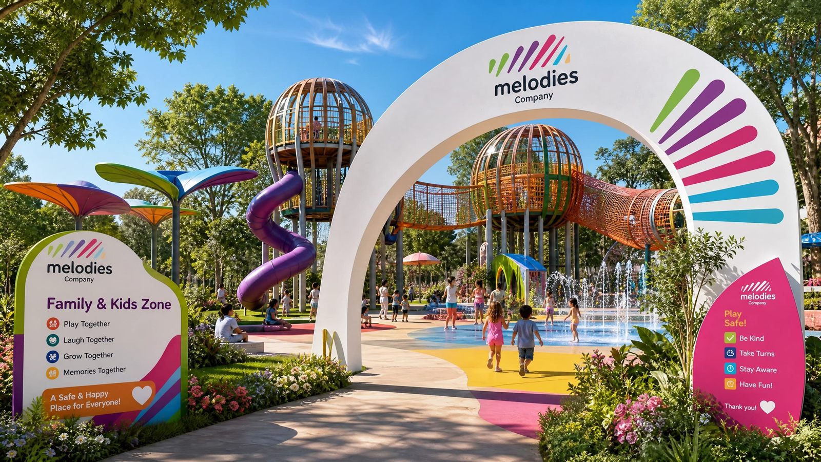 Melodies outdoor kids adventure playground and splash zone