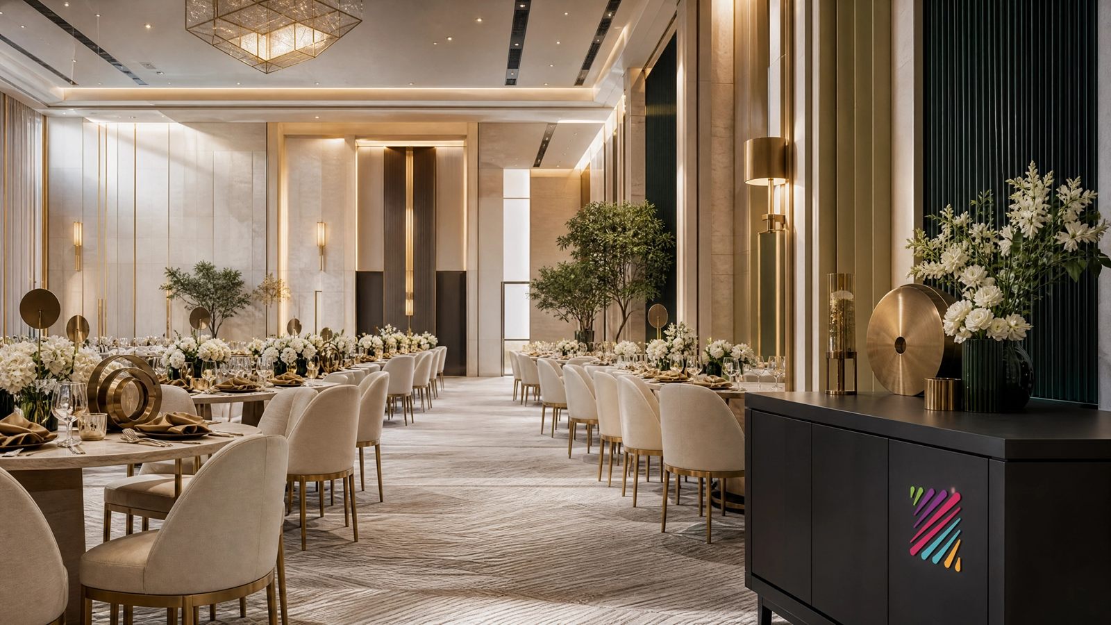 Melodies furniture and décor rental in a ballroom setting
