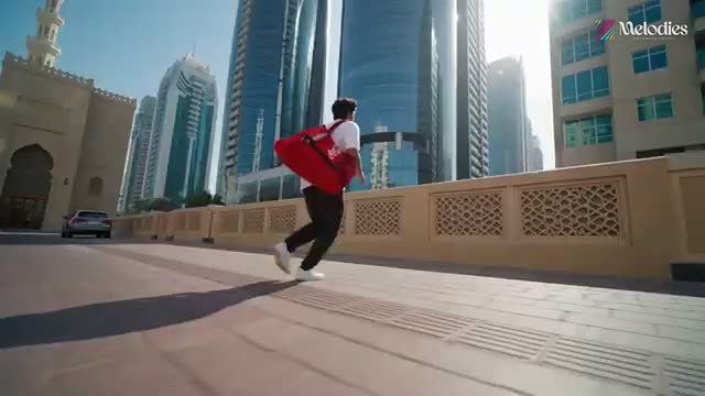 Courier with a red delivery bag running past city towers and a mosque